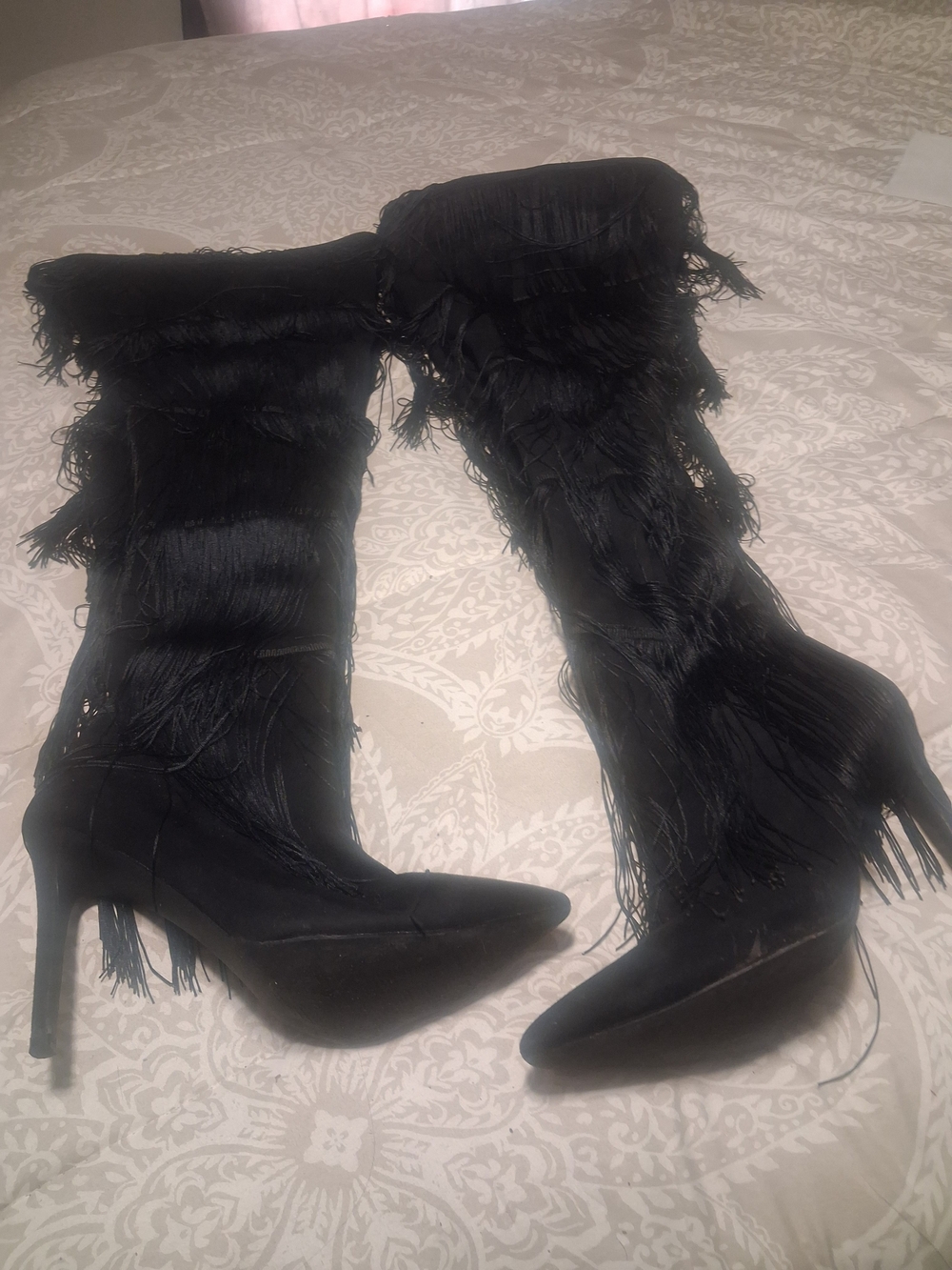 Fashion Nova Black Fringe Knee-High Stiletto Boots - Women's Fashion  Size 10M